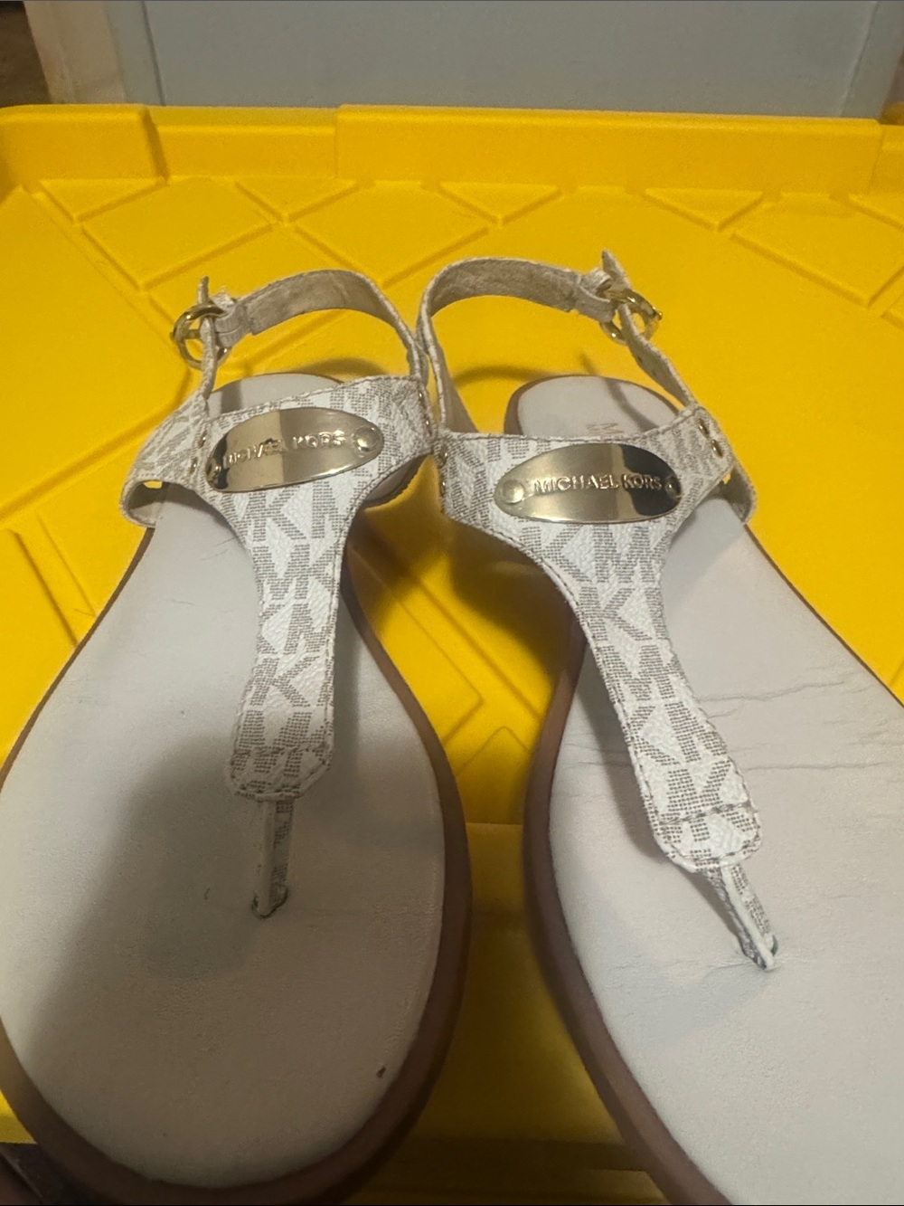 Michael Kors White Logo T-Strap Sandals with Gold Plaque